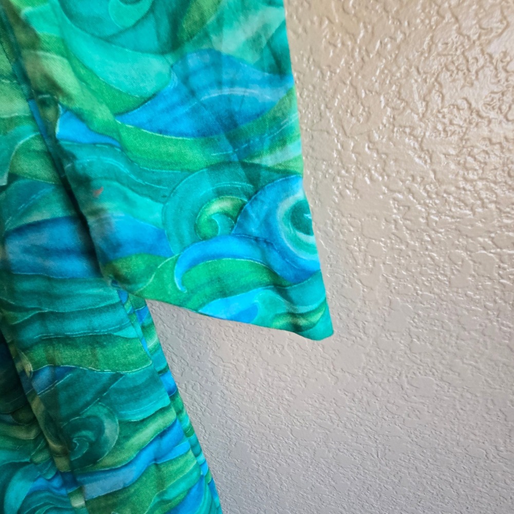 Vintage Bette Inc Honolulu Hawaii Cotton Maxi Dress Teal Green Wave Print 8 - Picture 5 of 13